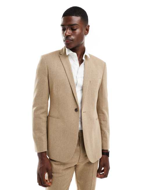 ASOS DESIGN skinny wool mix suit jacket in caramel basketweave texture