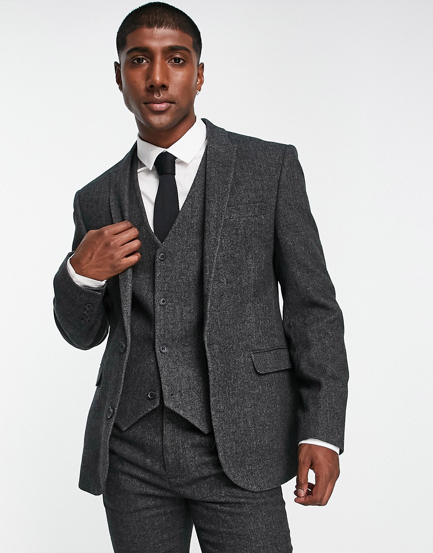 ASOS DESIGN skinny wool mix suit jacket in charcoal herringbone-Grey