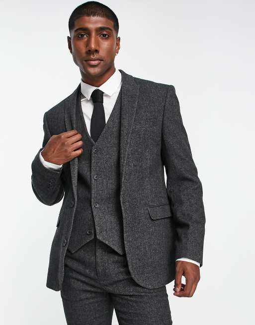 ASOS DESIGN skinny wool mix suit jacket in charcoal herringbone