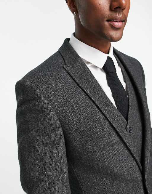 ASOS DESIGN wedding skinny wool mix suit jacket in charcoal herringbone