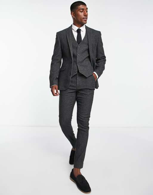 ASOS DESIGN skinny wool mix suit jacket in charcoal herringbone