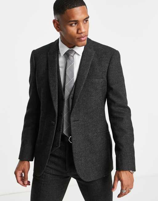 ASOS DESIGN wedding skinny wool mix suit jacket in charcoal herringbone