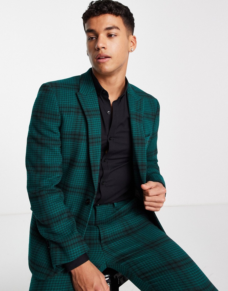 ASOS DESIGN skinny wool mix suit jacket in dark green and navy large dogtooth check