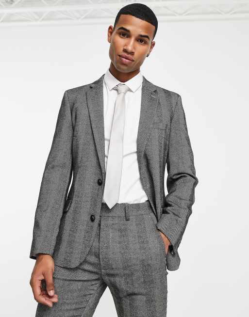 ASOS DESIGN skinny wool mix suit jacket in gray herringbone