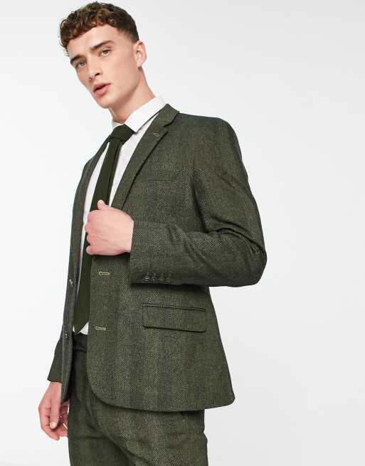 Italian Herringbone Acrylic Blend Jacket Weight Suiting - Emerald  Green/Black