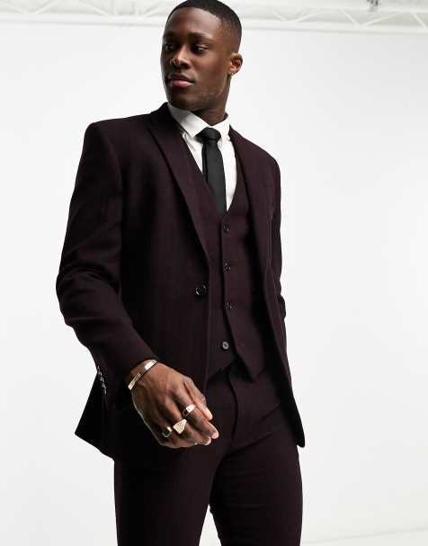 ASOS DESIGN skinny wool mix suit jacket in herringbone in burgundy - view 1