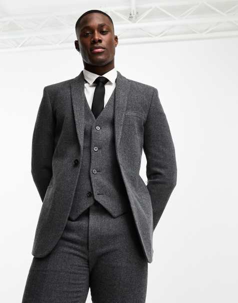 ASOS DESIGN skinny wool mix suit jacket in herringbone in charcoal - view 1