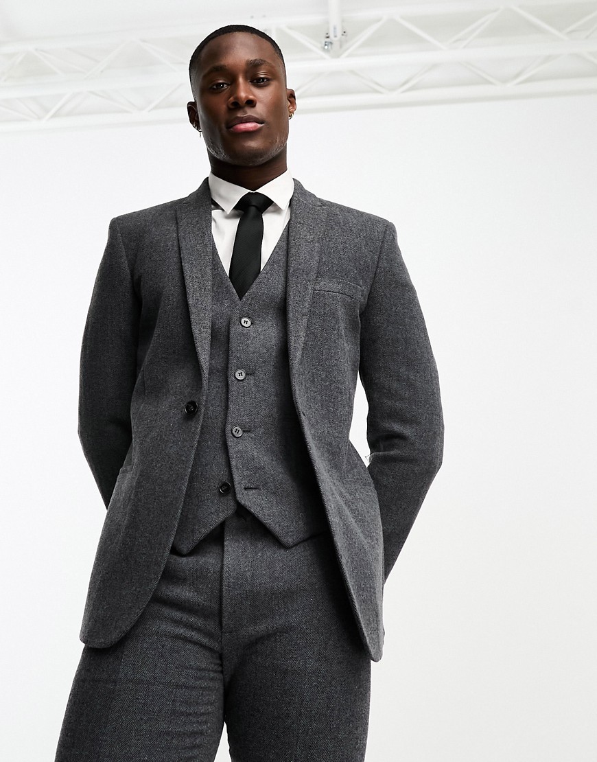 ASOS DESIGN skinny wool mix suit jacket in herringbone in charcoal-Grey
