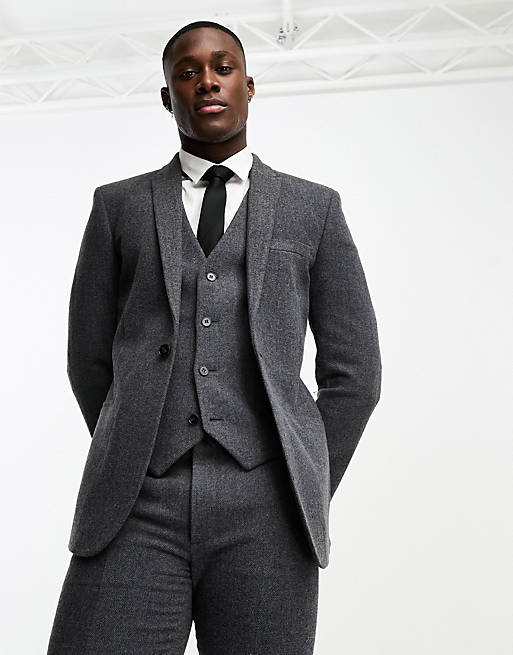 ASOS DESIGN skinny wool mix suit jacket in herringbone in charcoal | ASOS