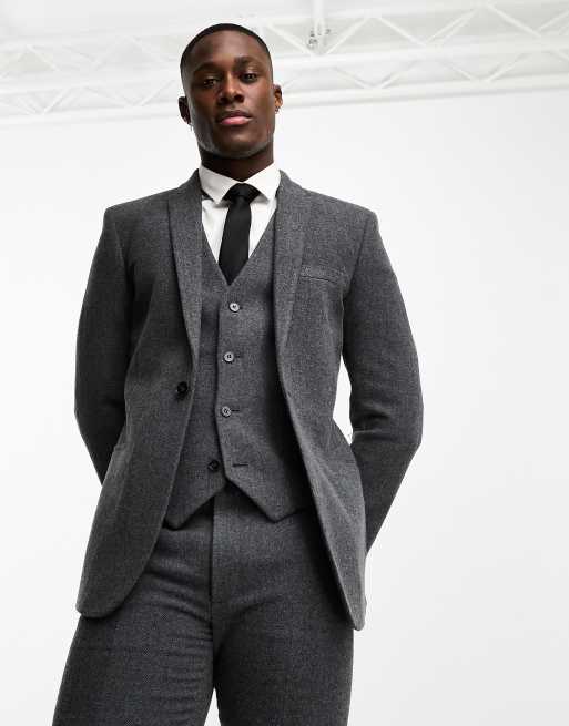 ASOS DESIGN skinny wool mix suit jacket in herringbone in charcoal | ASOS