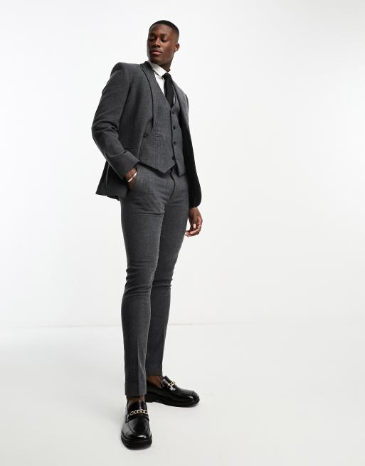 ASOS DESIGN skinny wool mix suit jacket in herringbone in charcoal, 2 of 5