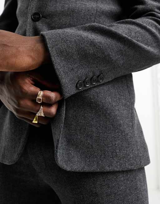 ASOS DESIGN skinny wool mix suit jacket in herringbone in charcoal, 3 of 5