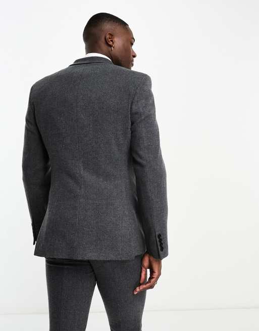 ASOS DESIGN skinny wool mix suit jacket in herringbone in charcoal, 4 of 5