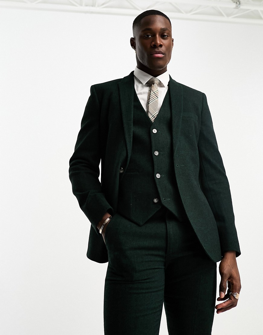 ASOS DESIGN skinny wool mix suit jacket in herringbone in green
