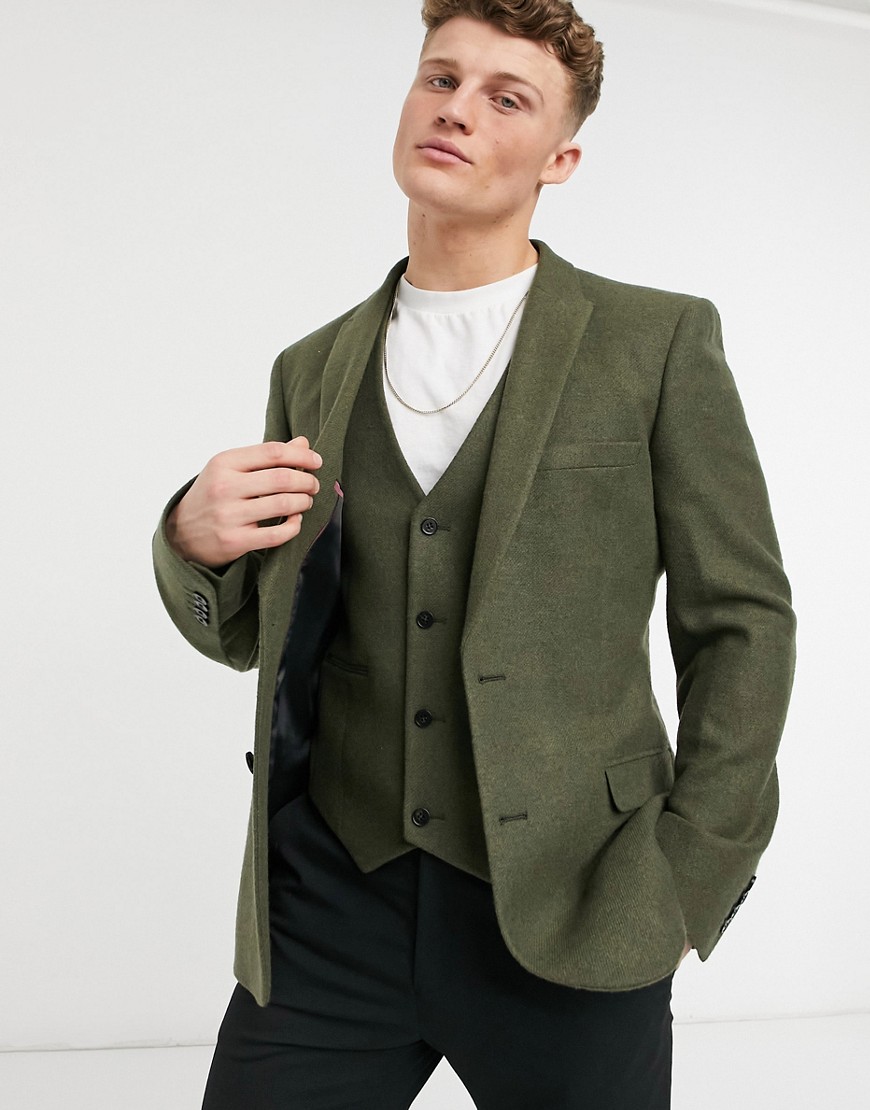 ASOS DESIGN skinny wool mix suit jacket in khaki twill-Green