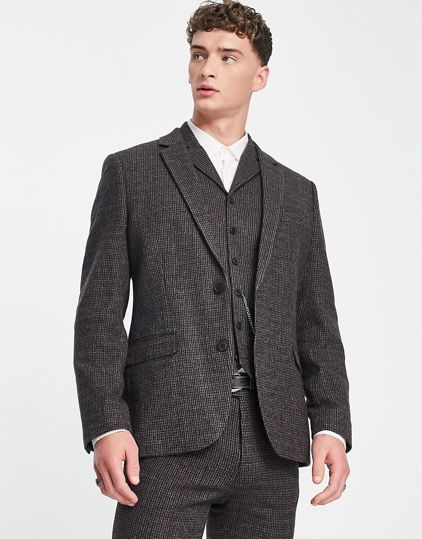 ASOS DESIGN skinny wool mix suit jacket in navy and brown micro check