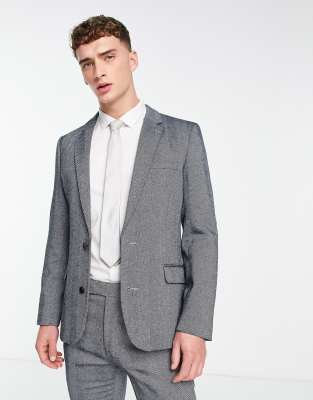 Asos Design Wedding Skinny Wool Mix Suit Jacket In Gray Basketweave Texture In Navy