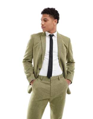 ASOS DESIGN skinny wool mix suit jacket in olive basketweave texture-Green