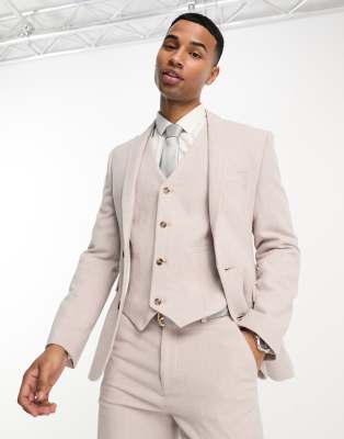 Asos Design Skinny Wool Mix Suit Jacket In Pale Pink Herringbone