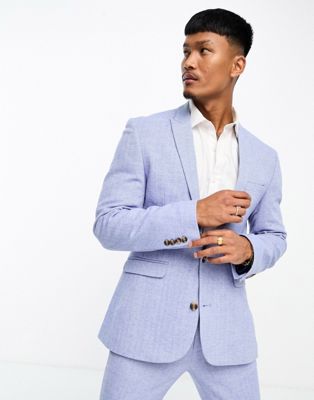 ASOS DESIGN skinny wool mix suit jacket in pastel blue herringbone | ASOS