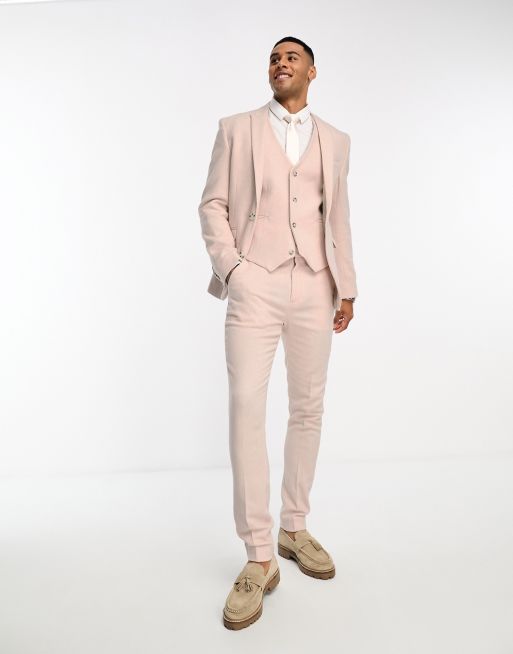 ASOS DESIGN skinny wool mix suit jacket in pastel pink herringbone, 3 of 5