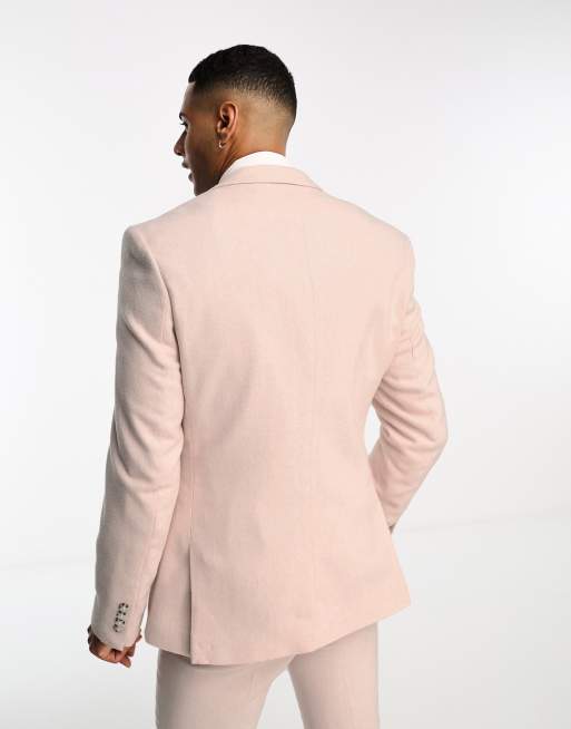 ASOS DESIGN skinny wool mix suit jacket in pastel pink herringbone, 4 of 5