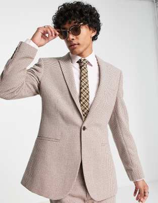 ASOS DESIGN skinny wool mix suit jacket in stone dogtooth - ASOS Price Checker