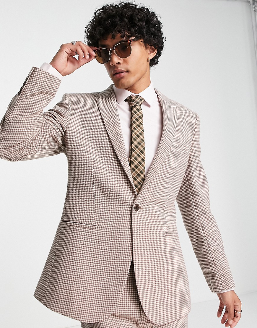 ASOS DESIGN skinny wool mix suit jacket in stone dogtooth-Neutral