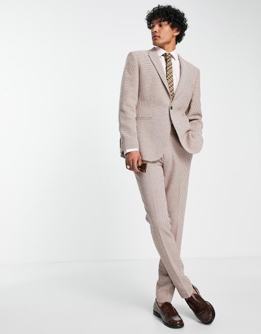 ASOS DESIGN skinny wool mix suit jacket in stone dogtooth