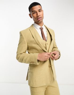 Asos Design Skinny Wool Mix Suit Jacket In Stone Herringbone-neutral