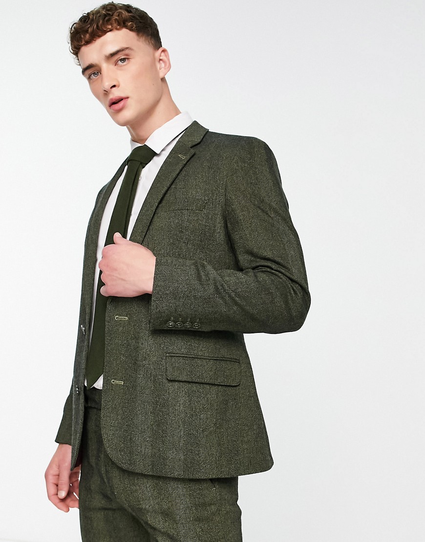 ASOS DESIGN skinny wool mix suit jacket in wool mix in green herringbone