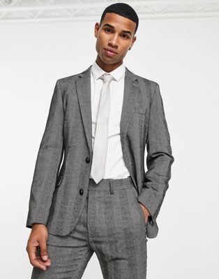 ASOS DESIGN skinny wool mix suit jacket in wool mix in grey herringbone