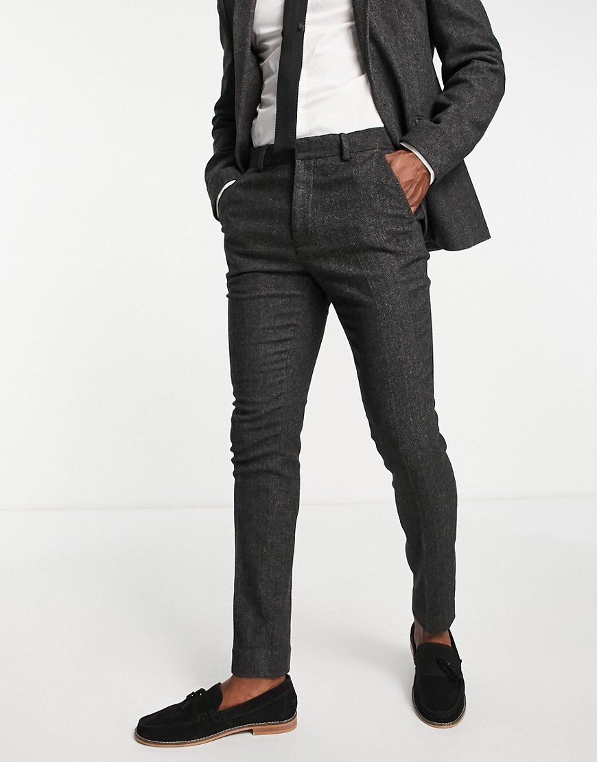 Asos Design Skinny Wool Mix Suit Pants In Charcoal Herringbone-gray