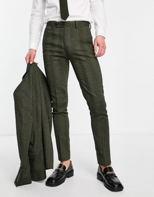 ASOS DESIGN skinny wool mix suit pants in green herringbone