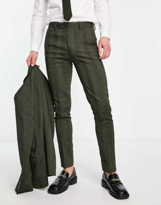 Mens Trousers - Olive Herringbone Tweed