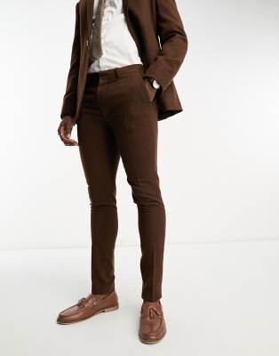 Asos Design Skinny Wool Mix Suit Pants In Herringbone In Brown