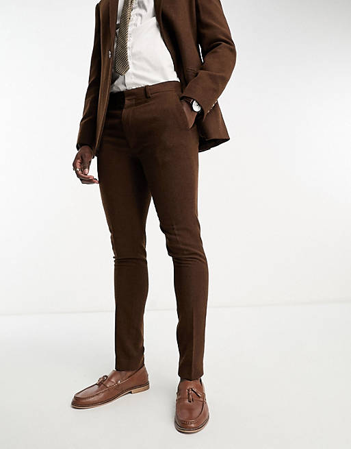 ASOS DESIGN skinny wool mix suit pants in herringbone in brown | ASOS