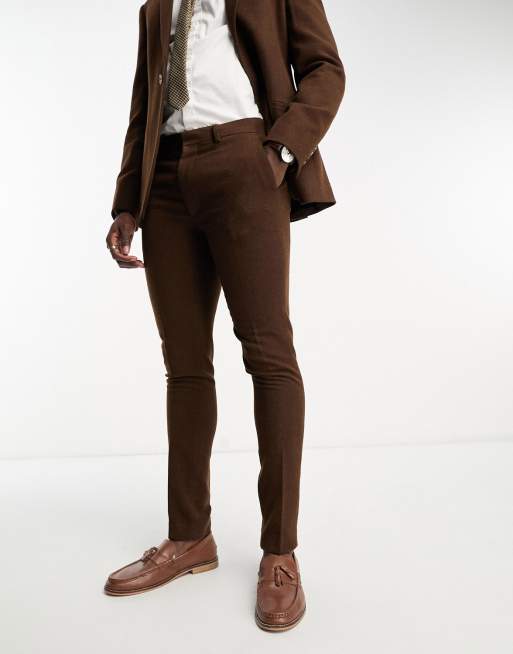 | skinny ASOS mix ASOS suit brown pants herringbone wool in DESIGN in