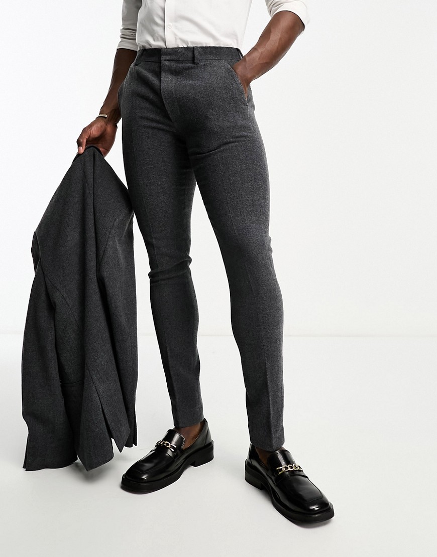 Asos Design Super Skinny Wool Mix Suit Pants In Herringbone In Charcoal-gray