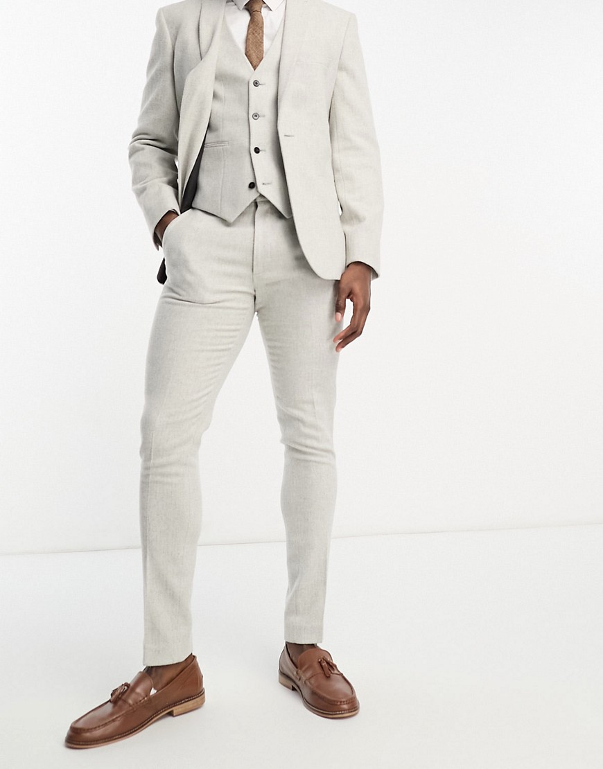 Asos Design Wedding Skinny Wool Mix Suit Pants In Mint Green Herringbone In Gray