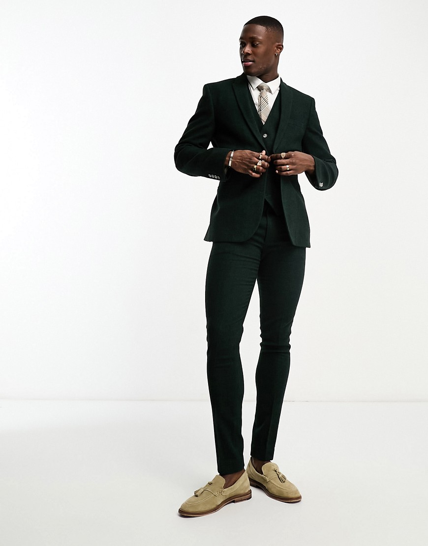 Asos Design Skinny Wool Mix Suit Pants In Herringbone In Green