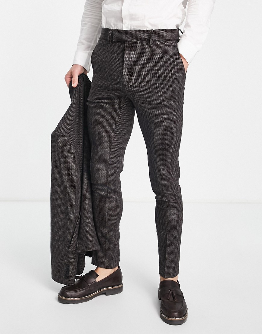 Asos Design Skinny Wool Mix Suit Pants In Navy And Brown Micro Plaid