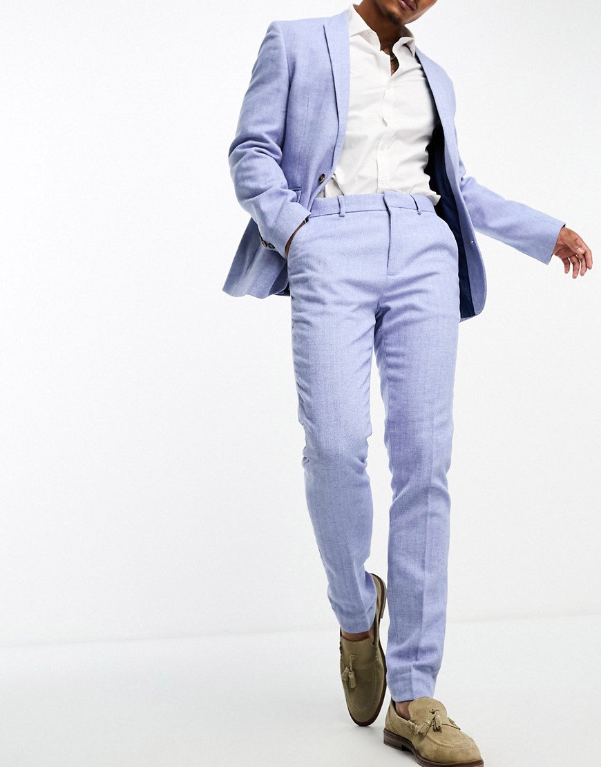 Asos Design Skinny Wool Mix Suit Pants In Pastel Blue Herringbone