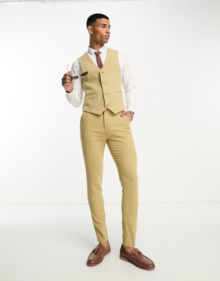 Asos Design Skinny Wool Mix Suit Pants In Stone Herringbone-neutral