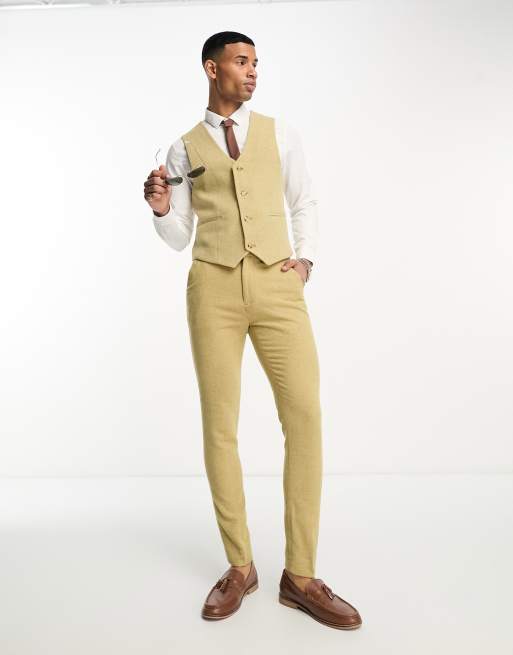 ASOS DESIGN skinny wool mix suit pants in stone herringbone