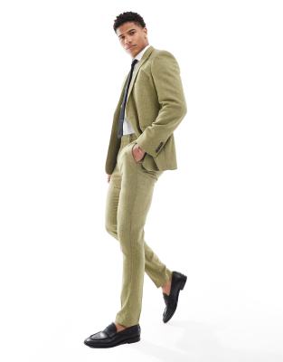 ASOS DESIGN skinny wool mix suit trouser in olive basketweave texture-Green