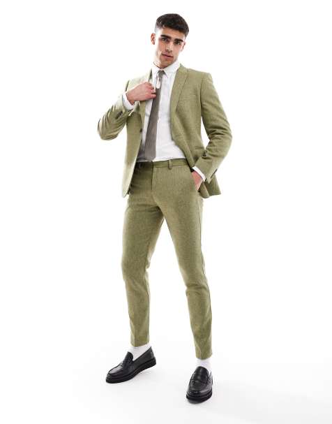 ASOS DESIGN skinny wool mix suit trouser in olive basketweave texture - view 1