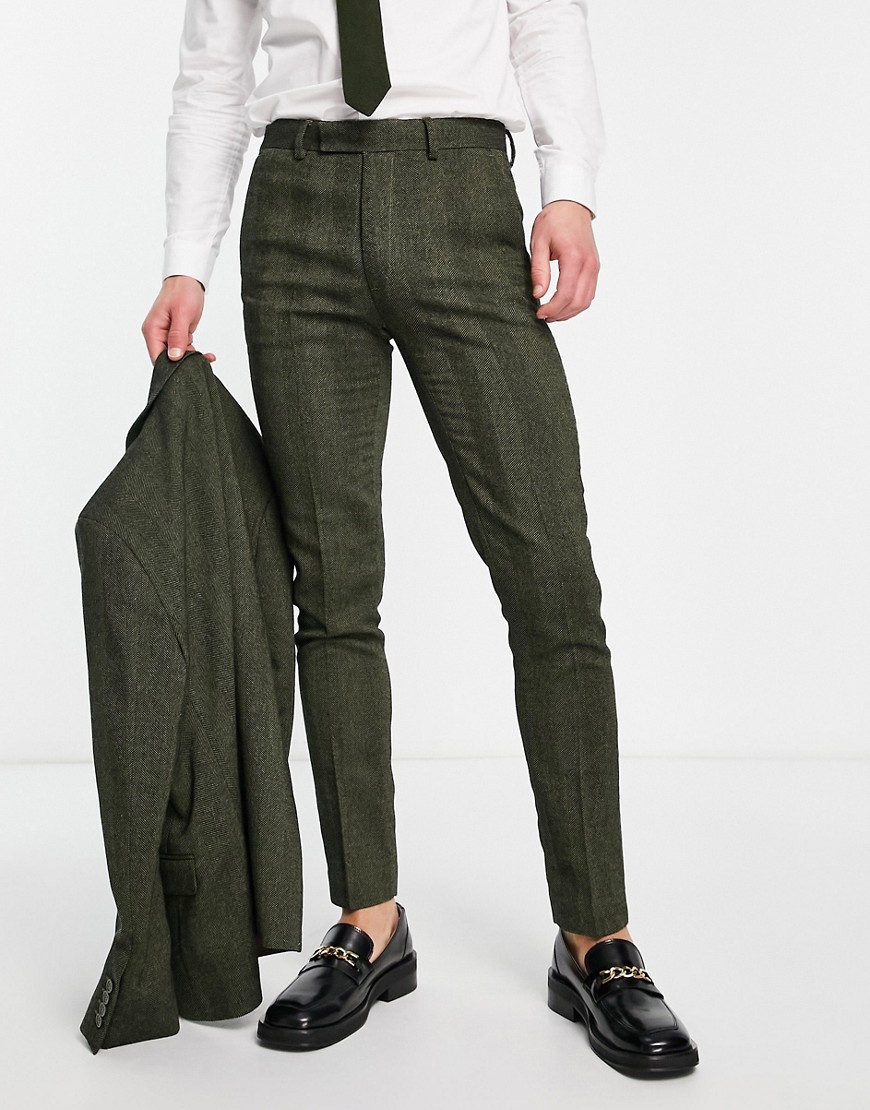 ASOS DESIGN skinny wool mix suit trouser in wool mix in green herringbone