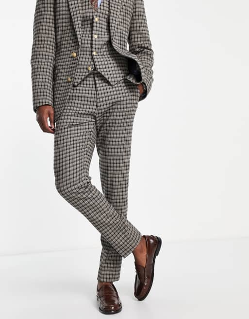 ASOS DESIGN skinny wool mix suit trousers in brown micro check
