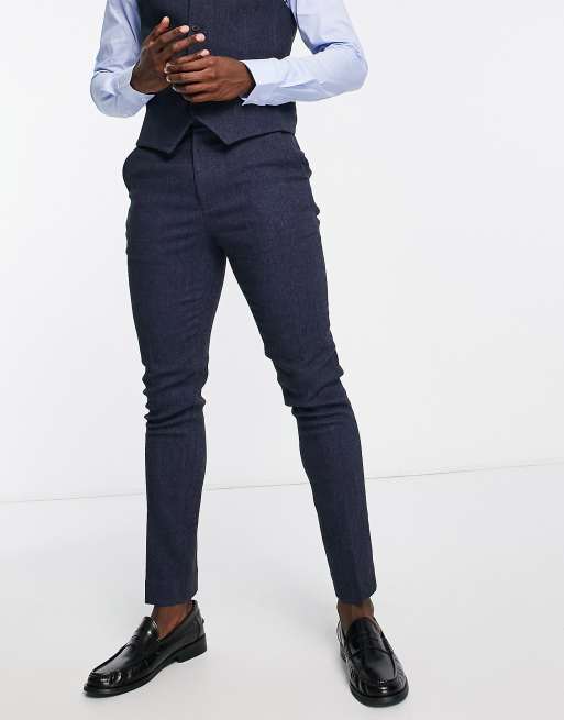 ASOS DESIGN skinny wool mix suit trousers in navy herringbone